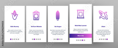 Corn Food Onboarding Mobile App Page Screen Vector Thin Line. Pop Corn And Corncob, Maize Grain And Package, Cart And Nutrition Field Concept Linear Pictograms. Color Contour Illustrations