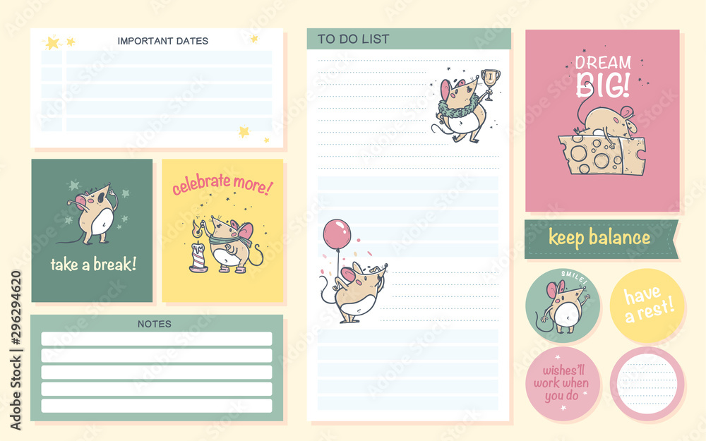 Set of daily calendar planner page, card, stickers design template for children. Cute hand drawn little mouse character, motivation sayings. Flat lay, pastel color. Back to school. Vector illustration Set of daily calendar planner page, card, stickers design template for children. Cute hand drawn little mouse character, motivation sayings. Flat lay, pastel color. Back to school. Vector illustration