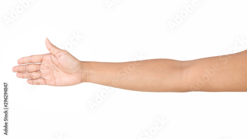 Female asian hand gestures isolated over the white background.
