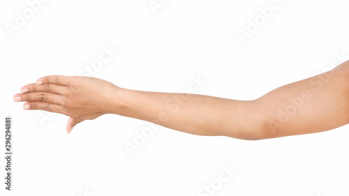 Female asian hand gestures isolated over the white background.