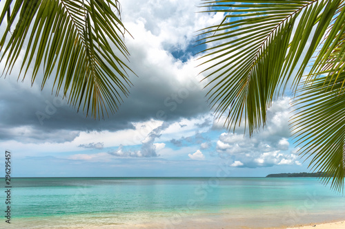 Fototapeta Naklejka Na Ścianę i Meble -  Tranquil Coastline of Tropical remote island on cloudy day. This dream vacation spot comprises coconut trees, natural untouched beach with shallow water of turquoise color, clear Horizon & cloudy sky.