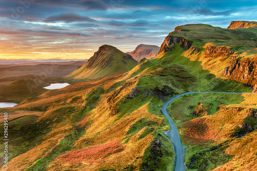 Beautiful sunrise sky over rock formations on the Quiraing