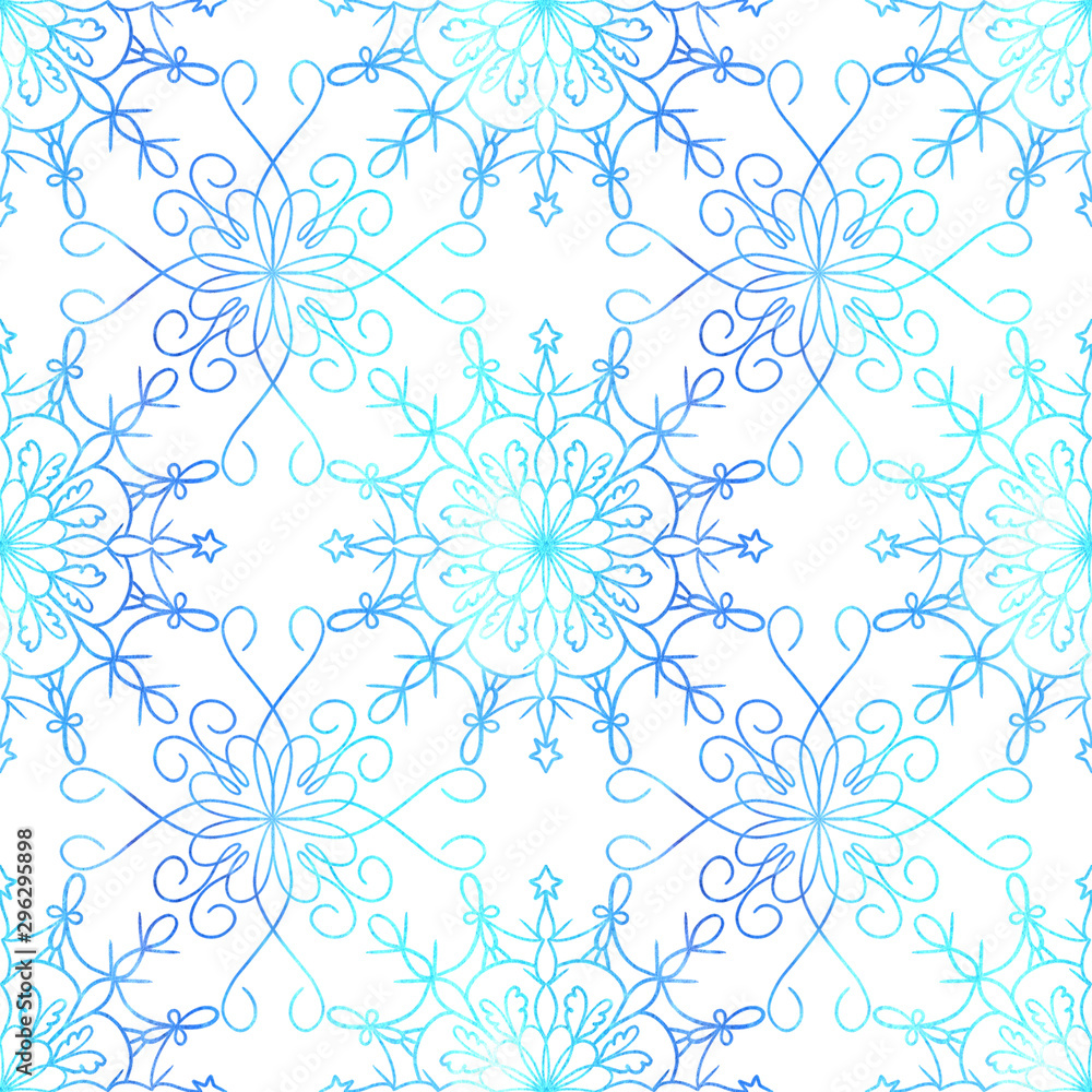 Watercolor tender winter seamless pattern with graphic snowflakes in blue and white colors. Natural texture. Can be used as Christmas design for postcards, wrapping, invitations, prints, and banners Watercolor tender winter seamless pattern with graphic snowflakes in blue and white colors. Natural texture. Can be used as Christmas design for postcards, wrapping, invitations, prints, and banners