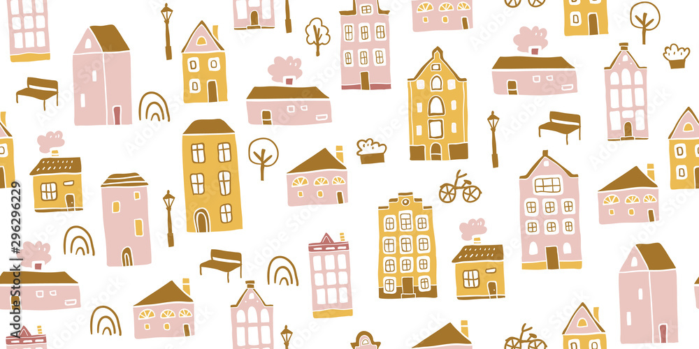 Seamless pattern, hand drawn scandinavian houses Seamless pattern, hand drawn scandinavian houses