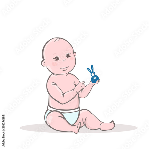 Vector hand drawn cute baby with a toy. Sweet child in a pampers sitting.