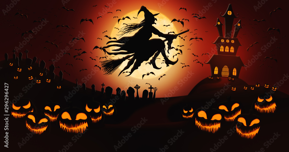 Halloween Pumpkins at Cemetery with Bats Flying and Witch Riding the Broom Against Full Moon Sky with Haunted Mansion in the Background Halloween Pumpkins at Cemetery with Bats Flying and Witch Riding the Broom Against Full Moon Sky with Haunted Mansion in the Background
