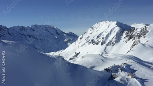 Tignes - Drone flight over snowy mountains Tignes - Val d'Isère