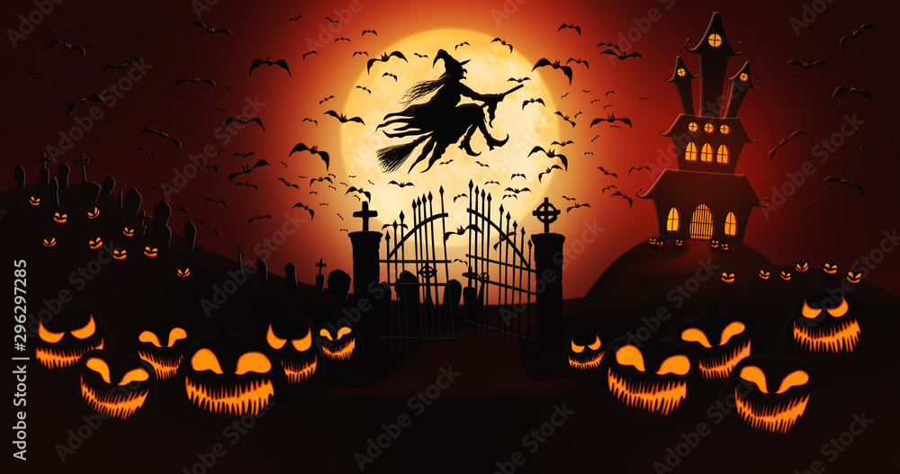 Halloween Pumpkins at Cemetery with Bats Flying and Witch Riding the Broom Against Full Moon Sky with Haunted Mansion in the Background Halloween Pumpkins at Cemetery with Bats Flying and Witch Riding the Broom Against Full Moon Sky with Haunted Mansion in the Background