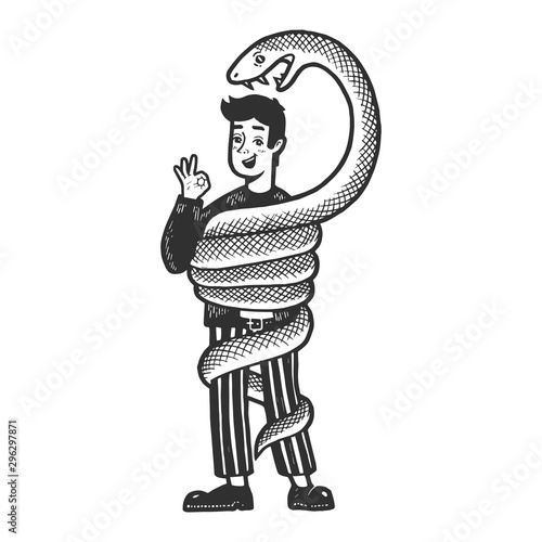 Big snake is trying to strangle and eat an optimistic person sketch engraving vector illustration. T-shirt apparel print design. Scratch board style imitation. Black and white hand drawn image.
