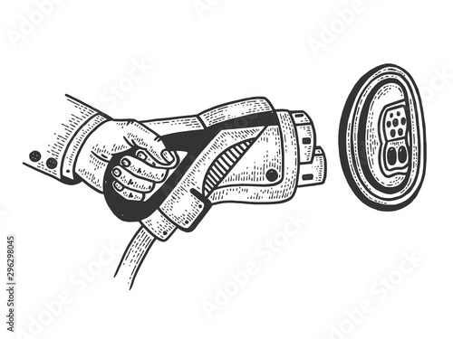 Electric car charging plug sketch engraving vector illustration. T-shirt print design. Scratch board style imitation. Black and white hand drawn image.