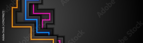 Black tech abstract banner design with colorful neon glowing light. Concept modern futuristic background. Vector illustration