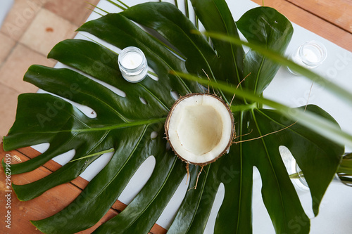 cut coconut on a leaf