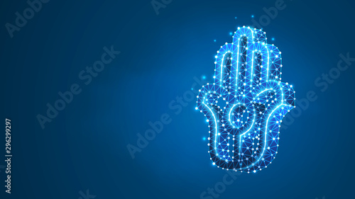 Jainism, Jain Dharma religion sign. Symbol of Ahimsa, aparigraha and asceticism. ancient Indian religion. Abstract, digital, wireframe, low poly mesh, vector blue neon 3d illustration. Line, dot