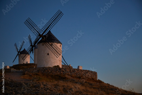 Don Quixote windmills at sunset. Famous landmark in Toledo Spain.