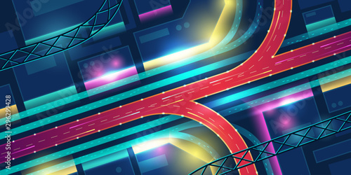 Transport interchange in night neon city top view. Modern megapolis architecture with red highway road, glowing skyscrapers and moving cars. Urban futuristic infrastructure Cartoon vector illustration