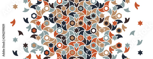 Arabic border, islamic pattern. Geometric halftone texture with mixed color tile disintegration