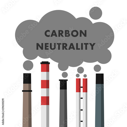 Carbon neutrality - industrial chimney and smokestack are producing exhaust, fume, emission and smoke. Vector illustration isolated on white. 