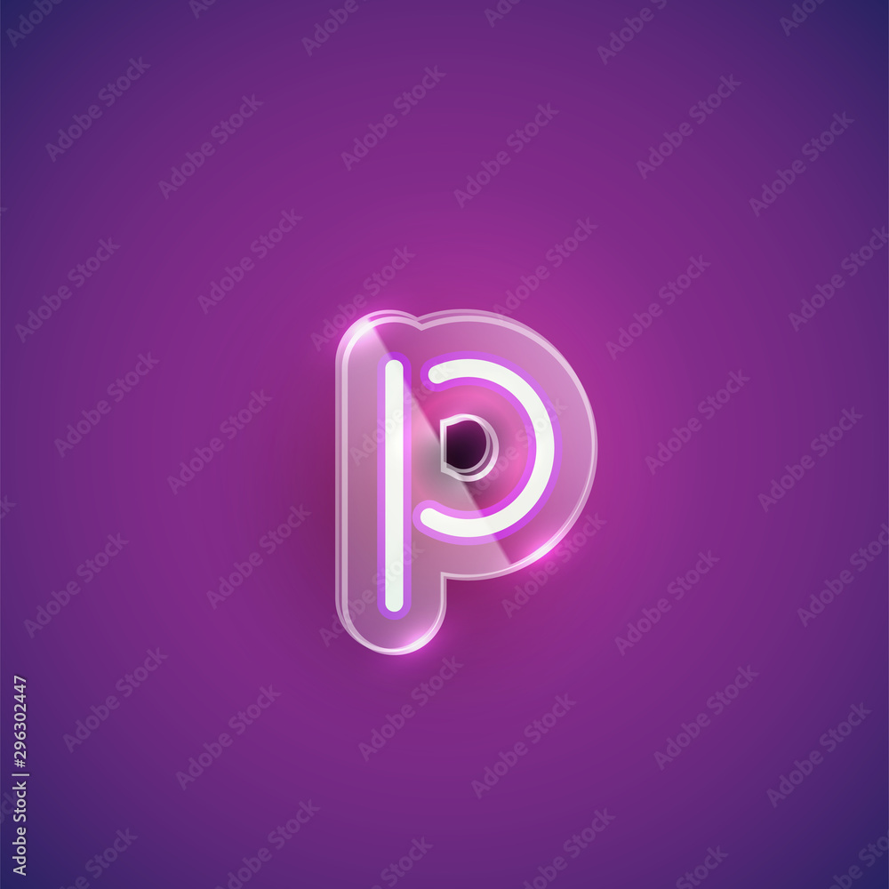 Realistic neon P character with plastic case around, vector illustration