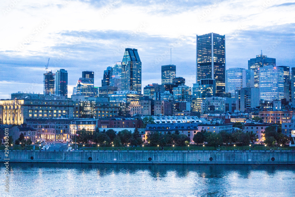 Montreal skyline and harbor at dusk