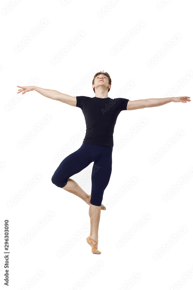 Obraz premium Actor Russian ballet,young ballet dancer performing complex elements on a white background