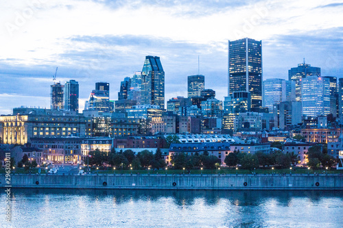 Montreal skyline and harbor at dusk