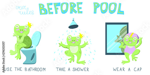 Concept with character. Simple rules for children before swimming pool: use the bathroom, take a shower, wear a cap. Correct behavior is illustrated by cute green frog 