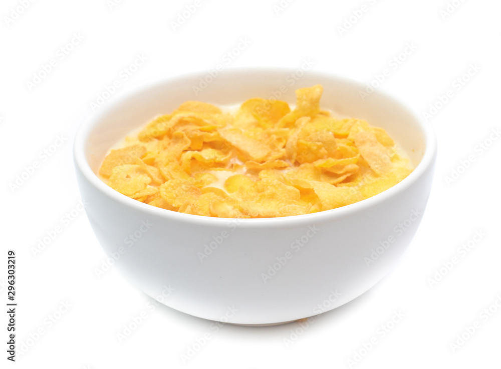 Cornflakes on bowl isolated on white background Cornflakes on bowl isolated on white background
