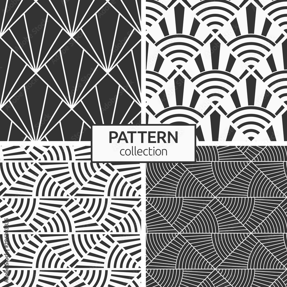Set of four seamless monochrome patterns. Art deco sunburst patterns. Burst lines. Set of four seamless monochrome patterns. Art deco sunburst patterns. Burst lines.