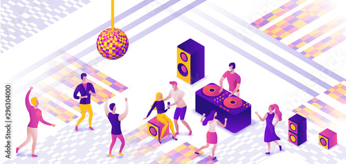 Party isometric concept, dj playing club disco music, 3d vector illustration, dancing people, nightclub, dance music, holiday event poster, corporate gig, violet, yellow, pink, clubbing cartoon men