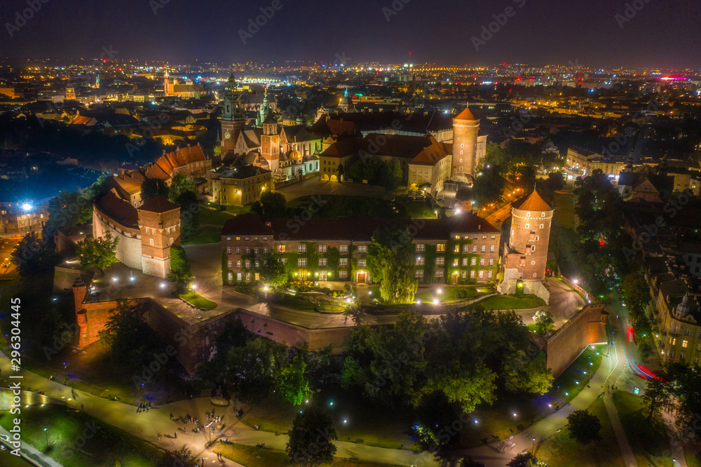 Night aerial panorama of Wawel Hill in Cracow with old most famous polish castle