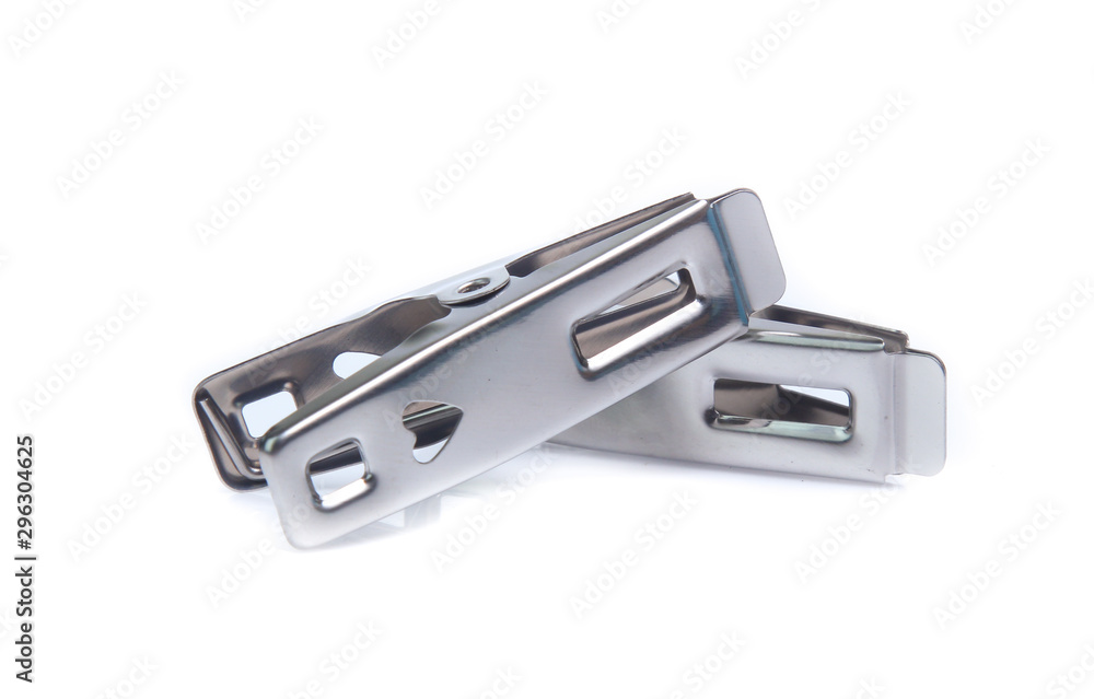 Peg steel, metal clothespin isolated on white background Peg steel, metal clothespin isolated on white background