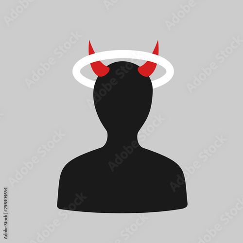 Person is holy angel and evil devil and demon. Man has horn and gloriole over the head. Ambivalence between good and bad. Vector illustration.