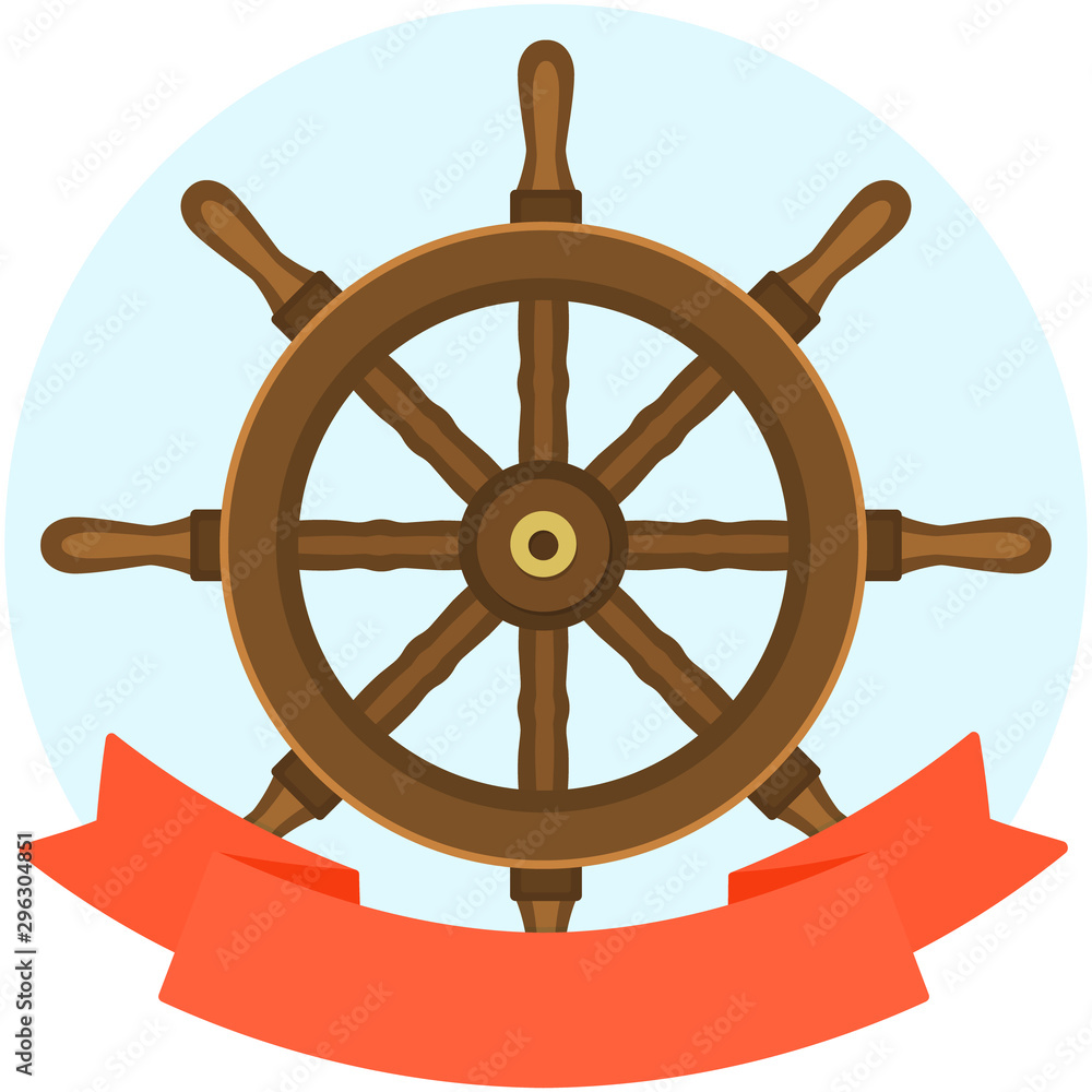 Flat style vector illustration of emblem or banner with a wooden vintage retro ship helm wheel and red empty ribbon on blue round background.
