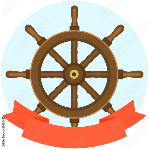 Flat style vector illustration of emblem or banner with a wooden vintage retro ship helm wheel and red empty ribbon on blue round background.