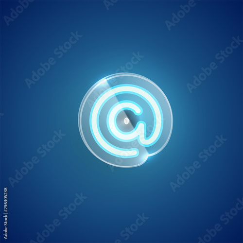 Realistic neon 'at' character with plastic case around, vector illustration