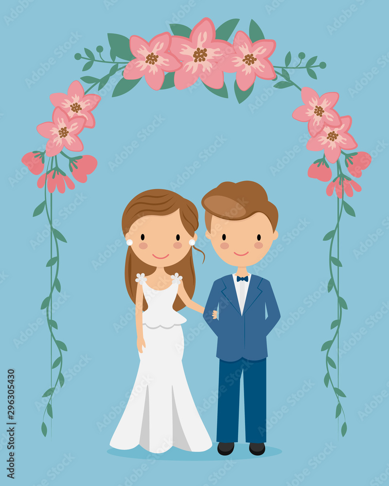 Wedding card. Wedding couple inside an arch of flowers Wedding card. Wedding couple inside an arch of flowers