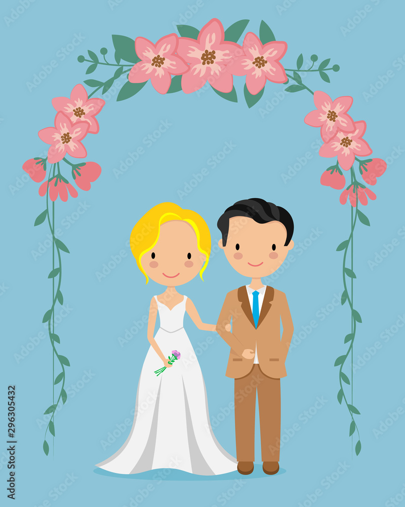 Wedding card. Wedding couple inside an arch of flowers Wedding card. Wedding couple inside an arch of flowers