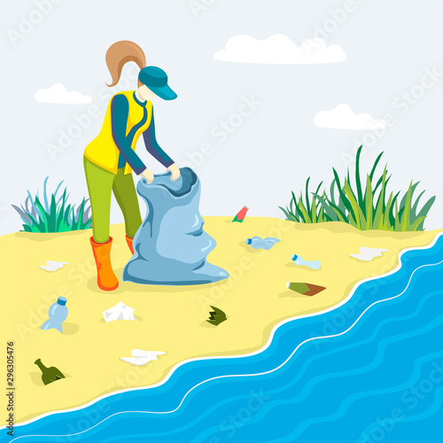 illustration of young woman picking up trash plastic and cleaning beach with garbage bag. Woman volunteer clean sandy shore from garbage and take care about planet. Volunteering and Save world concept