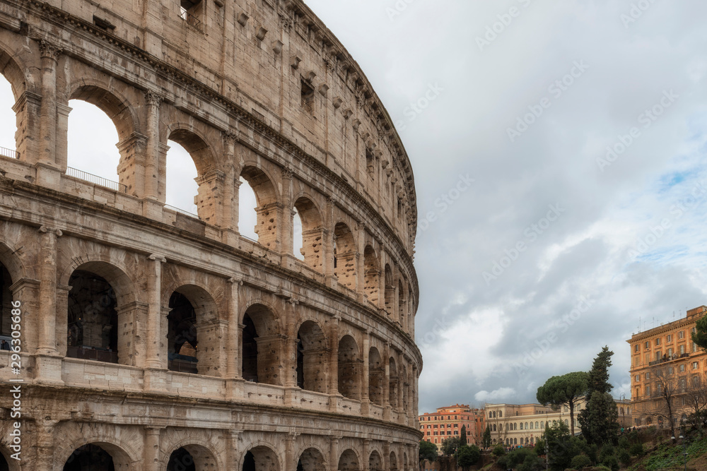View of the Colosseum with the city of Rome