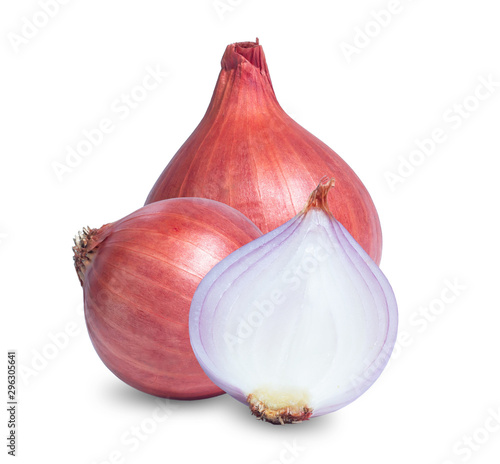 Red sliced onion isolated on white background photo