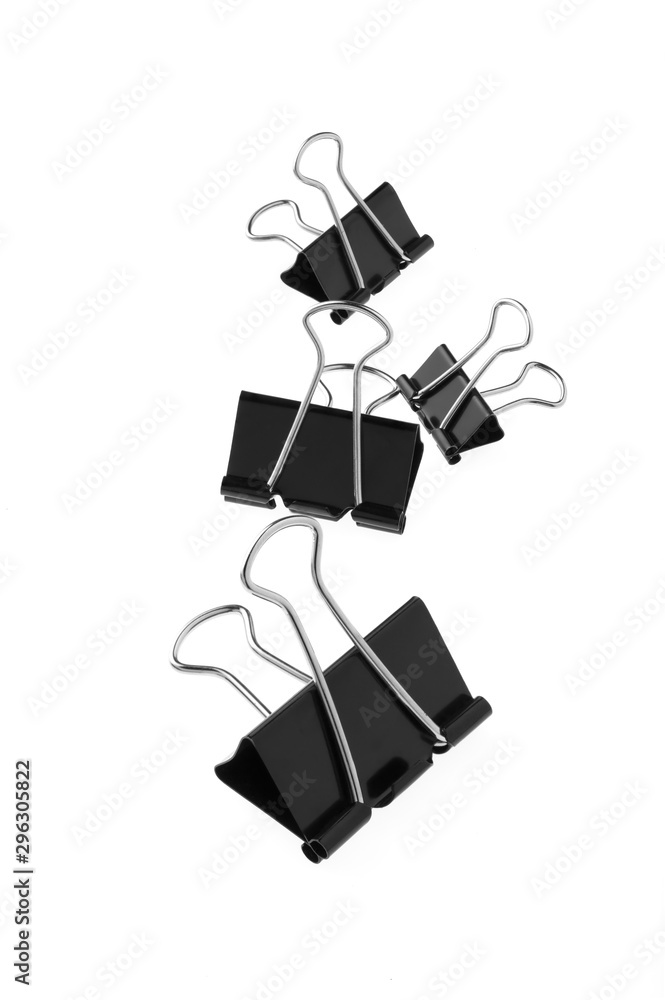 Black paper binder clip isolated on white background