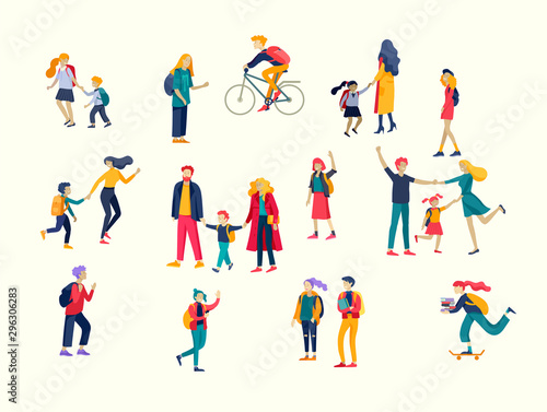 Back to school cartoon people set. Preteen and teenage schoolkids. Parents with kids characters going to school on white background