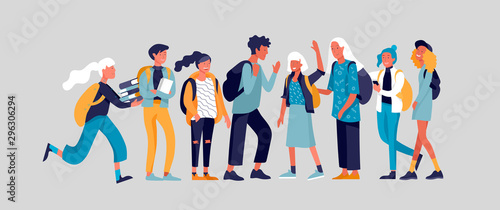Happy teenagers and students. Group of friends character are laughing and talking. Stylish smiling teenage boys and girls. Young generation pupils