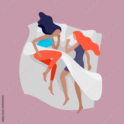 Collection of sleeping people character. Family with child are sleep in bed together and alone in various poses, different postures during