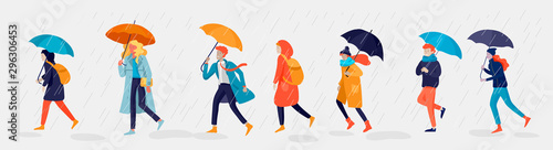 Various stylish people character go on street under umbrellas in warm clothes. Autumn rainy weather. Colored trendy cartoon
