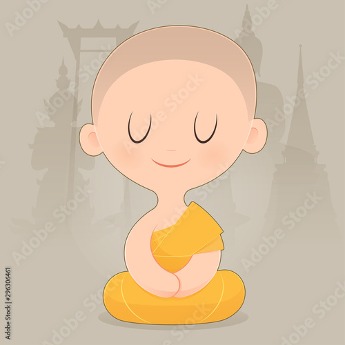 Cartoon Buddhist Monk Of Southeast Asia. Meditation. Vector illustration.