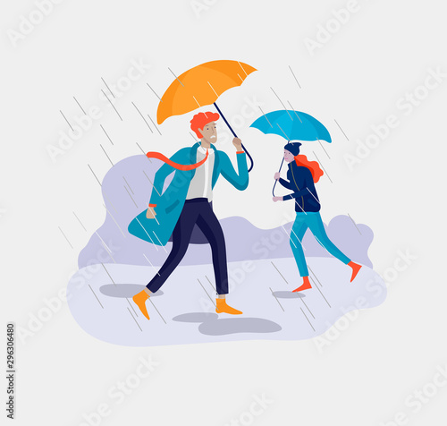 Various stylish people character go on street under umbrellas in warm clothes. Autumn rainy weather. Colored trendy cartoon