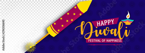 Vector illustration of  rocket  for  Hindu festival of lights, Orignal calligriaphic inscription of Happy Diwali stylish text.