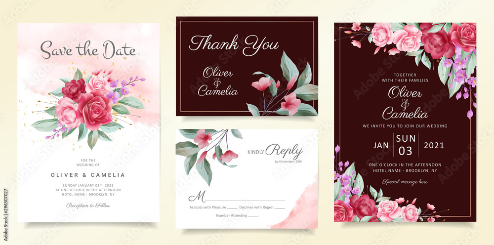 Flowers wedding invitation card template set of floral bouquet and border. Elegant botanic decoration background of peach and purple flowers for invites, greeting, save the date vector