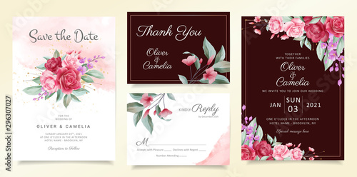 Flowers wedding invitation card template set of floral bouquet and border. Elegant botanic decoration background of peach and purple flowers for invites, greeting, save the date vector